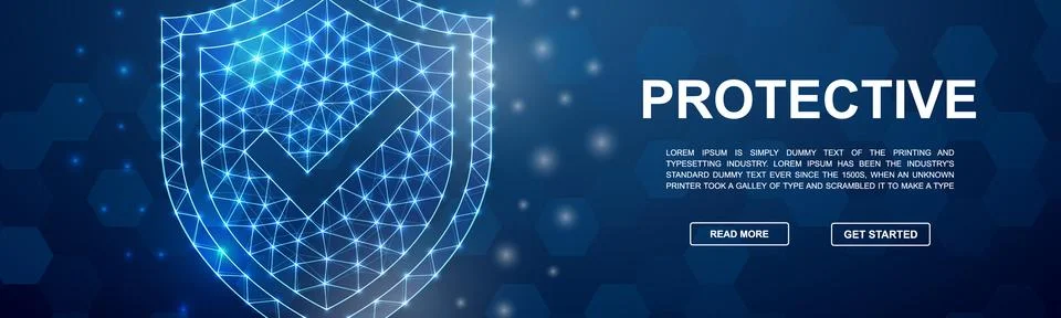 Shield with check mark polygonal horizontal banner. Internet safety low poly Stock Illustration