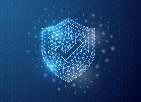 Shield with check mark polygonal symbol with binary code background. Security Stock Illustration