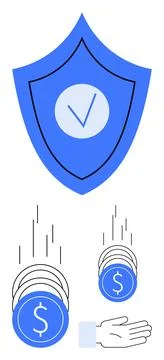 Shield with check mark represents security while coins fall into an outstretc Stock Illustration
