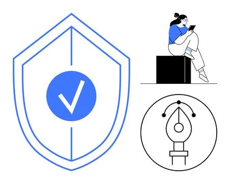 Shield with check mark symbolizes security. Person sitting and using tablet i Stock Illustration