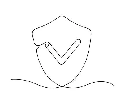 Shield with check protect, one line continuous. Success, guarantee, safe sign Stock Illustration