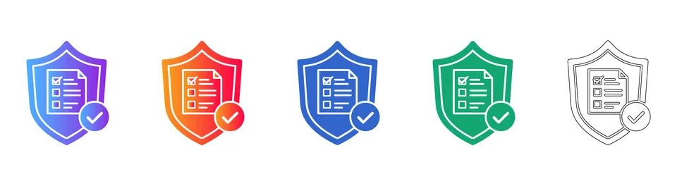 Shield with Checklist Approval Icon Set Stock Illustration
