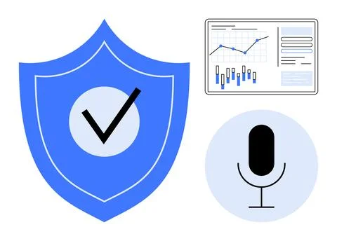 Shield with checkmark, analytics graph, and microphone symbolize data protect Illustrazione stock