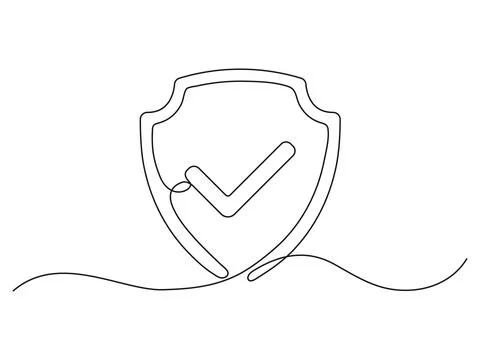 Shield with checkmark continuous line art. Illustrazione stock