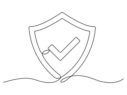 Shield with checkmark continuous line art. Stock Illustration