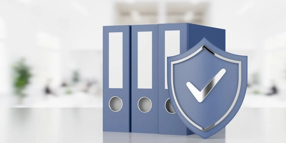 Shield with checkmark in front of blue binders or file folders on table wit.. Stock Illustration