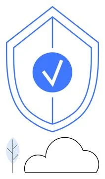 Shield with Checkmark Indicating Security, with Cloud and Leaf Elements Below Illustrazione stock