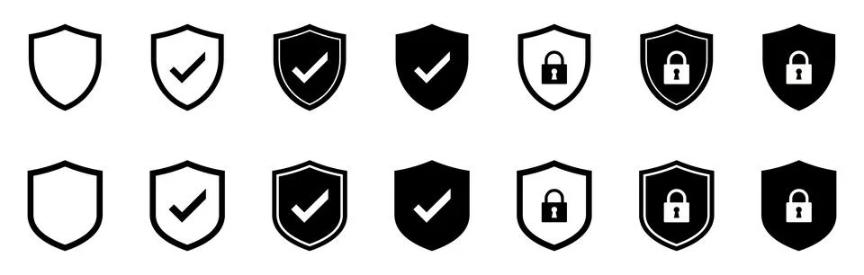 Shield with checkmarks and padlocks in black and white security protection Stock Illustration