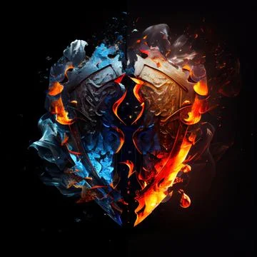 A shield in the clash of ice and fire on black background. Stock Illustration