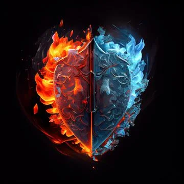 A shield in the clash of ice and fire on black background. 스톡 일러스트