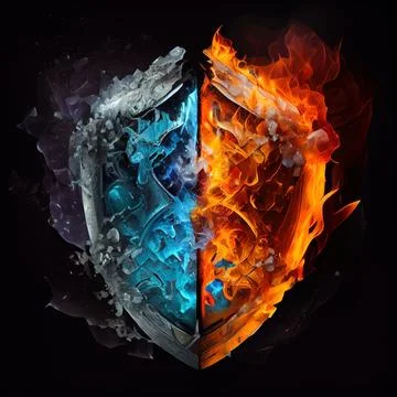 A shield in the clash of ice and fire on black background. 스톡 일러스트