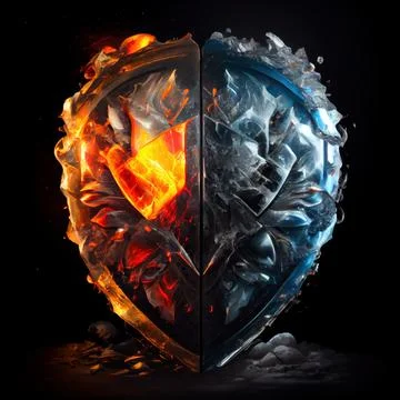 A shield in the clash of ice and fire on black background. Stock Illustration