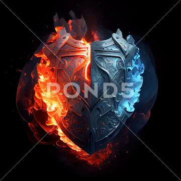 A shield in the clash of ice and fire on black background. Illustration ...