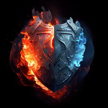 A shield in the clash of ice and fire on black background. 스톡 일러스트
