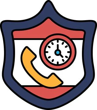 A shield with a clock and a phone on it Stock Illustration