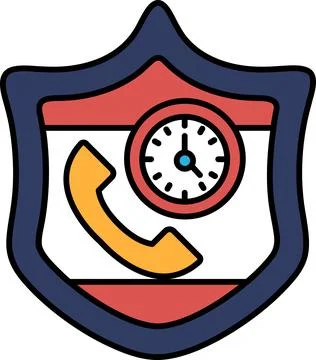 A shield with a clock and a phone on it Stock Illustration