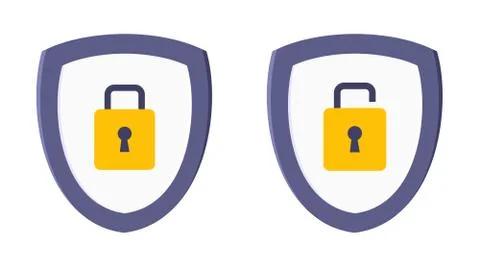Shield with closed and opened padlock on it security protection symbol set. Stock-Illustration