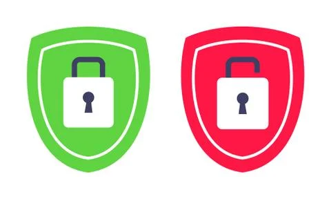 Shield with closed and opened padlock on it security protection symbol set. Stock-Illustration