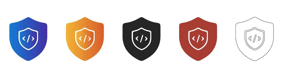 Shield with code brackets cyber security icon set Stock Illustration
