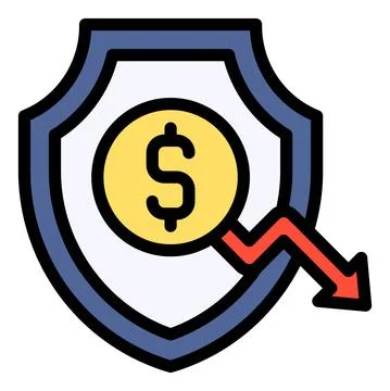 Shield with coin and decrease arrow icon, Bankruptcy related vector Stock Illustration