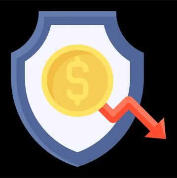 Shield with coin and decrease arrow icon, Bankruptcy related vector Illustrazione stock