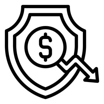 Shield with coin and decrease arrow icon, Bankruptcy related vector Illustrazione stock