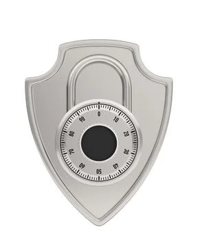 Shield with combination padlock on white background. Isolated 3d illustration Illustrazione stock