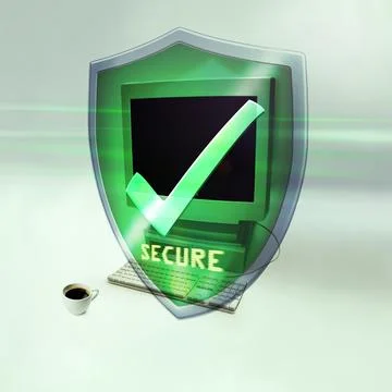 Shield, computer and check for cybersecurity, safe data or information on web by Stock Illustration