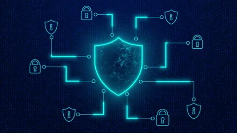 Shield with connection and data transfer to icon futuristic technology Stock Footage 349011553