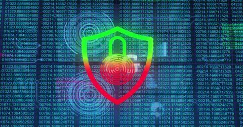 Shield containing fingerprint and scanning rings floating over digital code Illustrazione stock