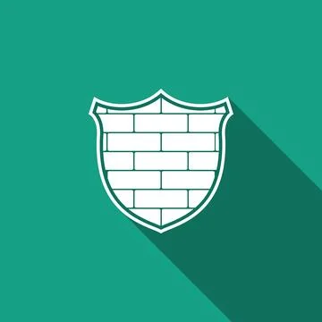 Shield with cyber security brick wall icon isolated with long shadow. Data 스톡 일러스트