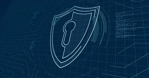 Shield cyber security contour 3d symbol on blueprint scheme Stock Footage 304294870
