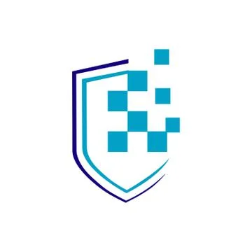 Shield digital security signage pixel icon tech vector logo Stock Illustration