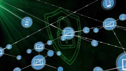 Shield emblem holding as green ray sparking devices expanding around it, links Stock Footage 331048336