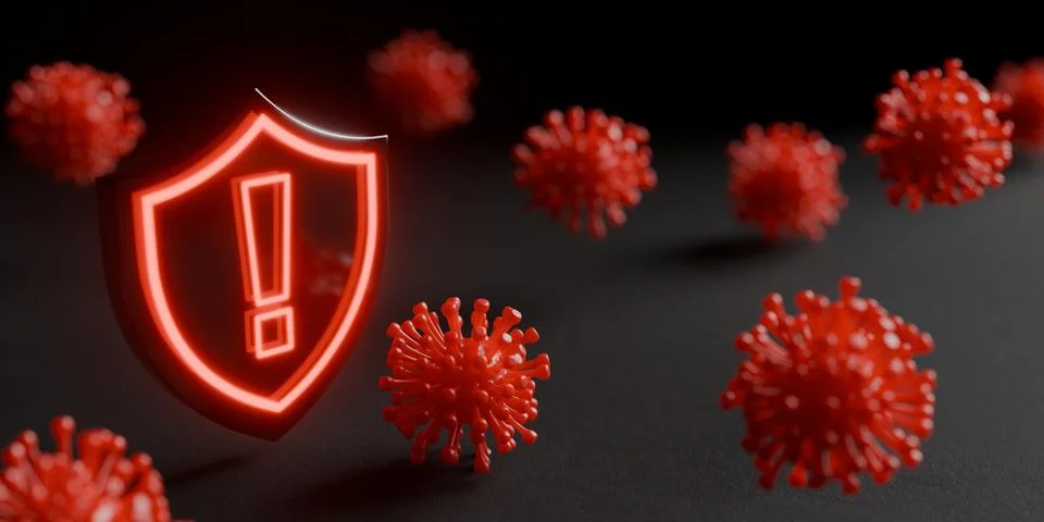 Shield with exclamation mark and red viruses floating around it on black ba.. 스톡 일러스트