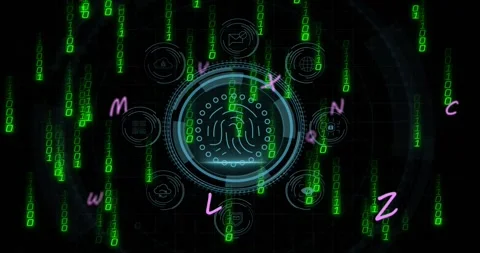 Shield fading into circular HUD, binary digits falling and icons emerging Stock Footage 321161634