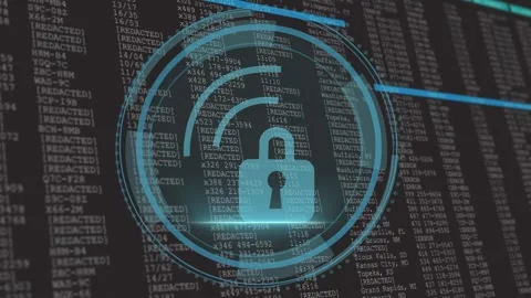 Shield fading in, HUD pulsing, code scrolling, lock filling, representing Stock Footage 317275309