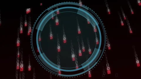 Shield fading triggers rings forming, rotating with binary code cascading Stock Footage 314743853