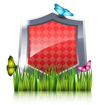 Shield with flying butterflies by the grass. Shield with flying butterflie... Stock Photos