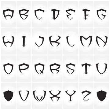 Shield font, alphabet. Logos set. Vector Stock Illustration