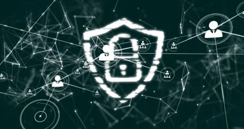Shield forming from glitch pixels, user nodes linking and locking, protecting Stock Footage 331872251