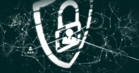 Shield forming from glitch pixels, user nodes linking and locking, protecting Stock Illustration