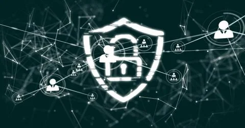 Shield forming from glitch pixels, user nodes linking and locking, protecting Stock Illustration