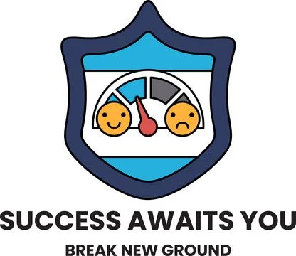 Shield frames two smiling and frowning faces behind a speedometer Stock Illustration