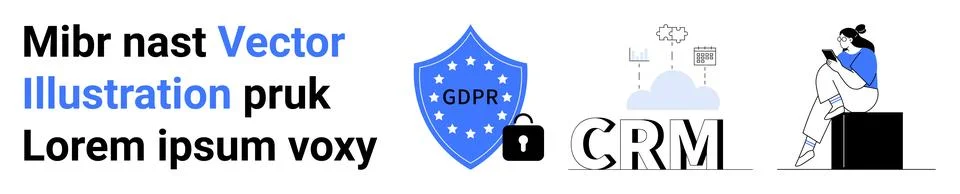 Shield with GDPR lock, CRM interface, person analyzing data on tablet. Ideal  Stock Illustration