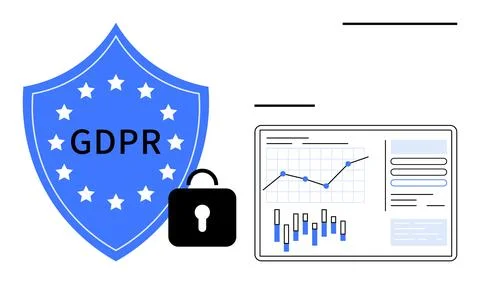 Shield with GDPR text beside a padlock and data analytics screen with graphs  イラスト素材