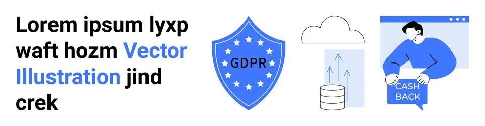 Shield with GDPR text, cloud computing data storage, person holding cashback  Stock Illustration
