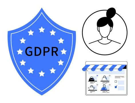 Shield with GDPR text surrounded by stars, user profile in circle, and websit 스톡 일러스트