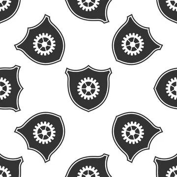 Shield with gear icon seamless pattern on white background. Flat design. Vector Stock Illustration