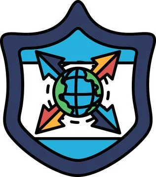 A shield with a globe and arrows pointing to it Stock Illustration